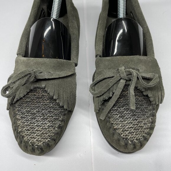 Minnetonka Size 7 Gray Tweed Kitty Moccasin Suede Leather Fringe Rubber Sole - Picture 4 of 9